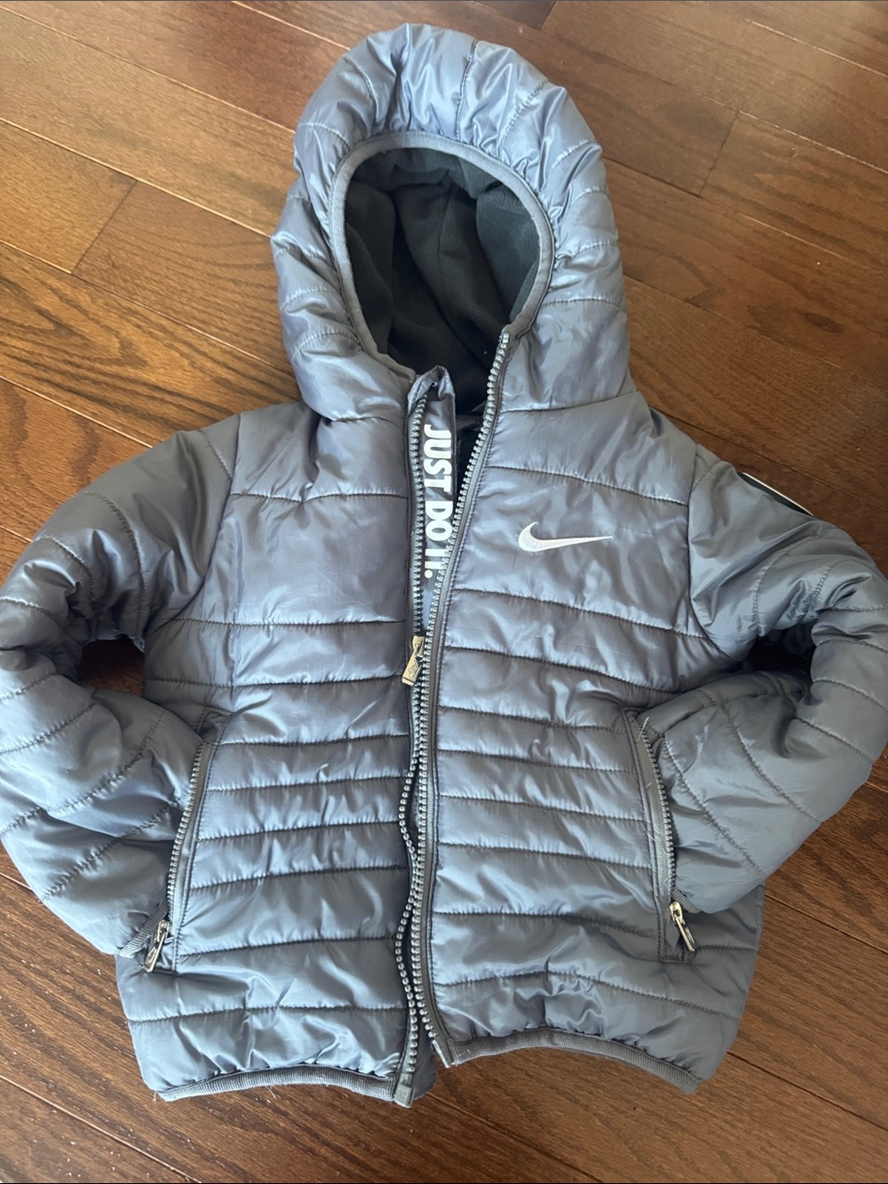Nike Kids Gray Hooded Puffer Jacket with Zip Pockets